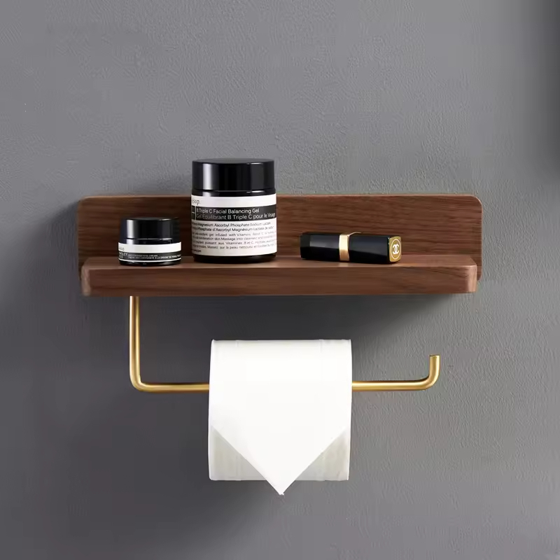 Creative Solid Wood Toilet Paper Holder with Steel Storage Rack Customizable Color Bathroom Rack with Hook Modern Durable Design