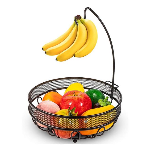 Custom Metal Fruit Basket Bowl with Banana Tree Hanger Kitchen Storage for Vegetables Snacks Bread-Adjustable Eco-Friendly Rack