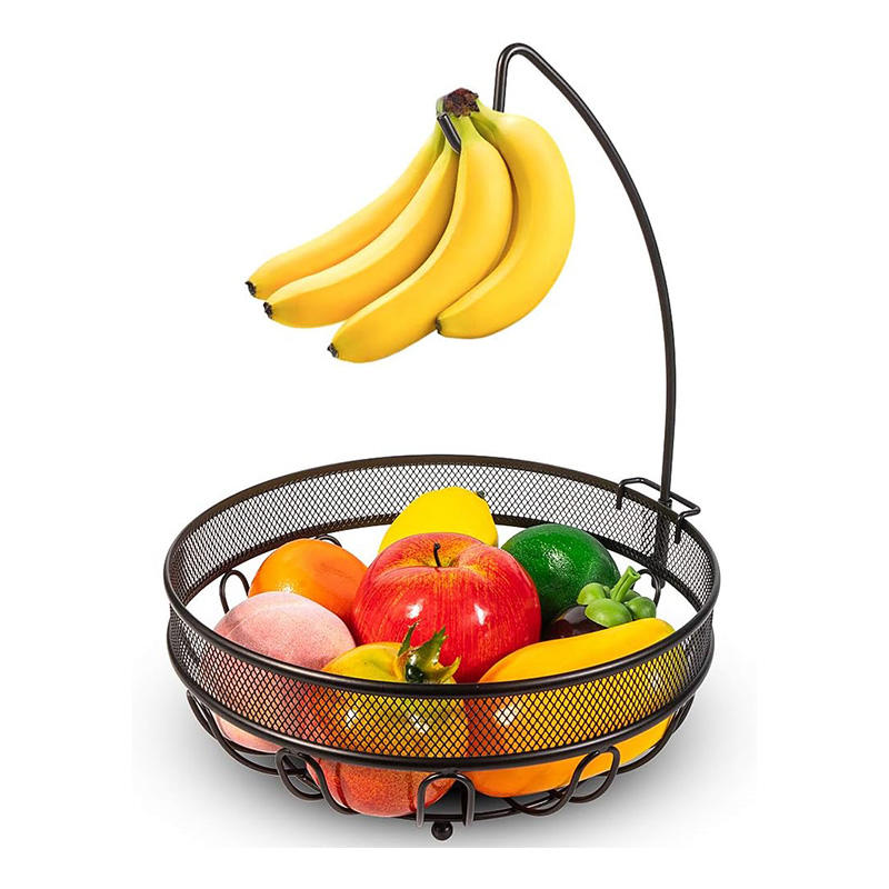 Custom Metal Fruit Basket Bowl with Banana Tree Hanger Kitchen Storage for Vegetables Snacks Bread-Adjustable Eco-Friendly Rack