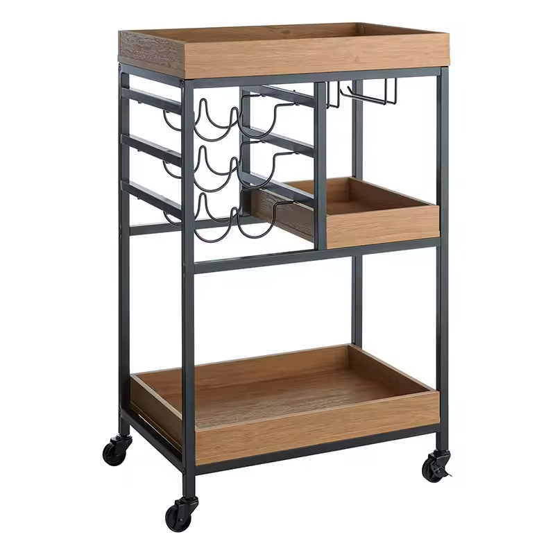 Customize Wooden Tray Top Bar Cart Multifunctional Metal and Wood Lockers with Hooks Three Layers of Bedroom Storage Racks