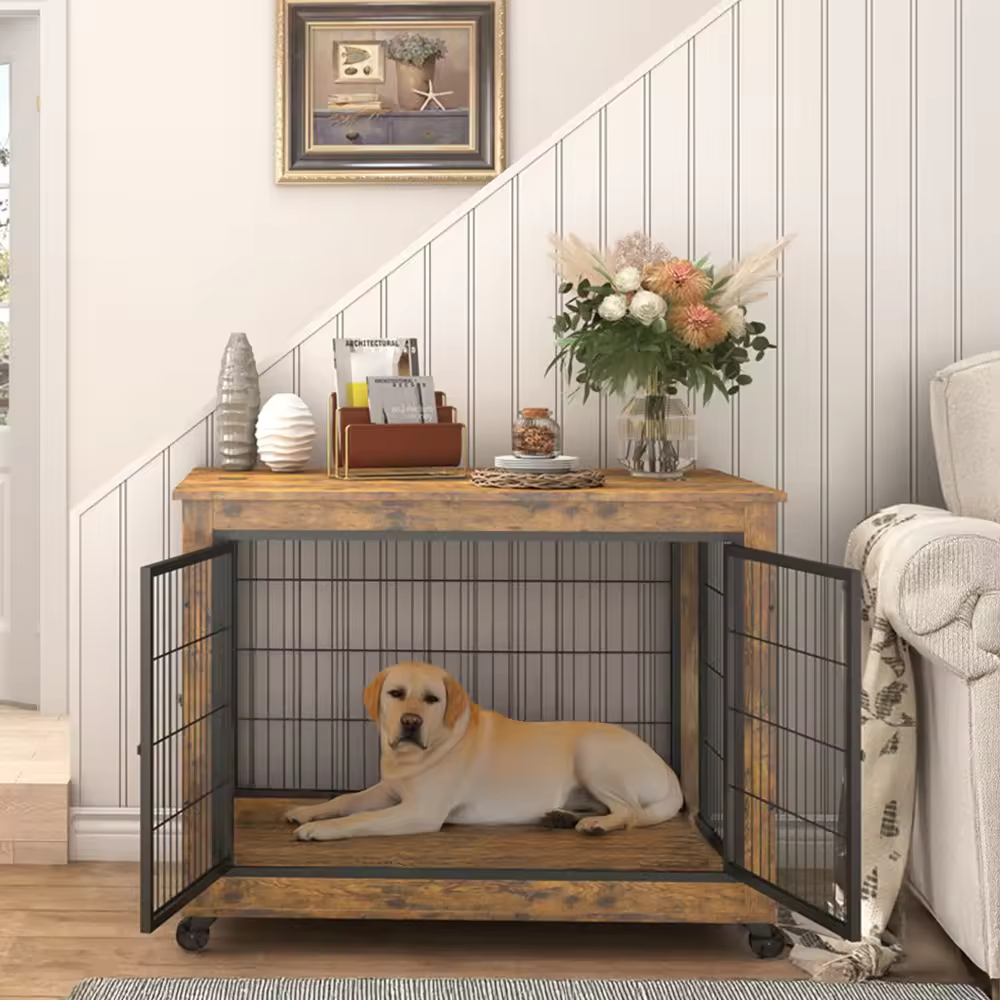 ODM&OEM Standing Type Dog Cage Crate Wooden Steel Furniture Style Double Doors with Wheels & Flip-up Top Opening for Tools Use