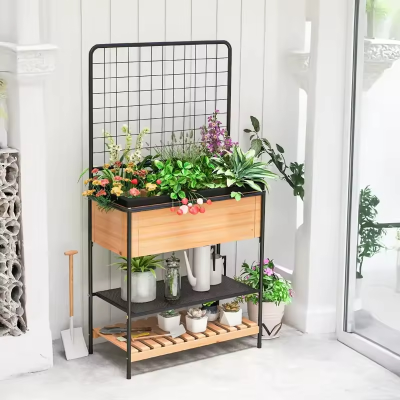 Factory Customizable 59\" Raised Wooden Garden Bed with Metal Trellis Open Storage Shelves & Drain Holes Bookcases & Bookshelves