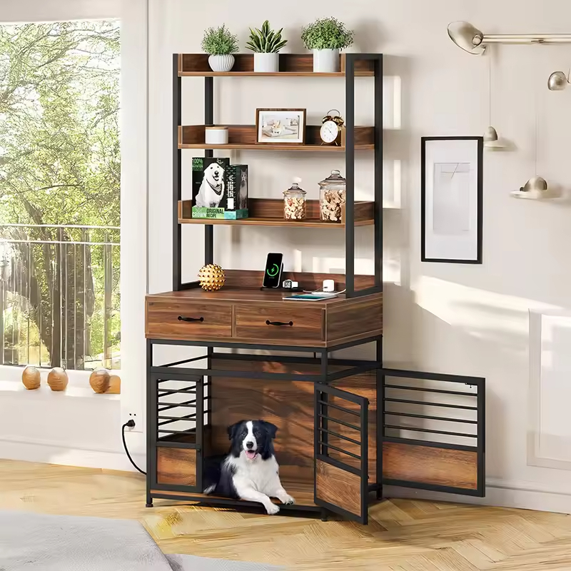 Customizable Indoor Dog Kennel with Double Doors Factory Furniture Cabinet Drawers Storage Shelves Socket for Home Organization