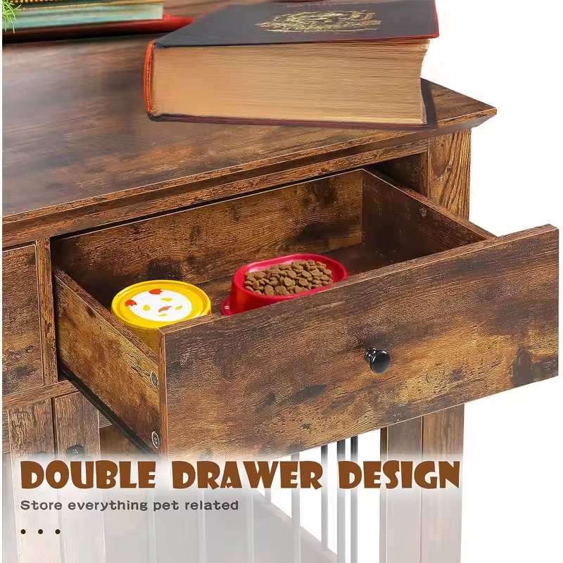 OEM & ODM Antique Color Steel Wood Dog Crate Furniture Standing Type Dog Cage with Drawers and Cleaning Tools