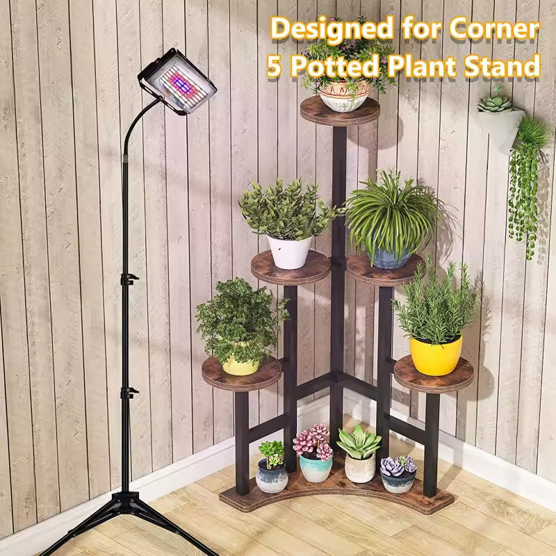 Factory Custom Modern Wood+Metal Powder Coated Plant Stand Tree Shape Tripod Design 3-tier Stylish Indoor/Outdoor Display