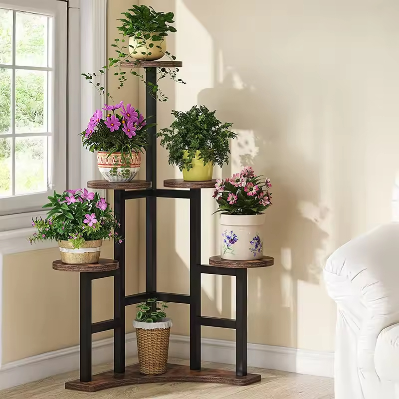 Factory Custom Modern Wood+Metal Powder Coated Plant Stand Tree Shape Tripod Design 3-tier Stylish Indoor/Outdoor Display