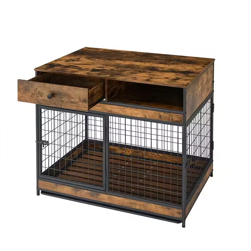 Factory Custom Modern Dog Crate Furniture Drawers Double Doors 3-Tier Durable Dog Cage End Table Folding Strong Load-Bearing