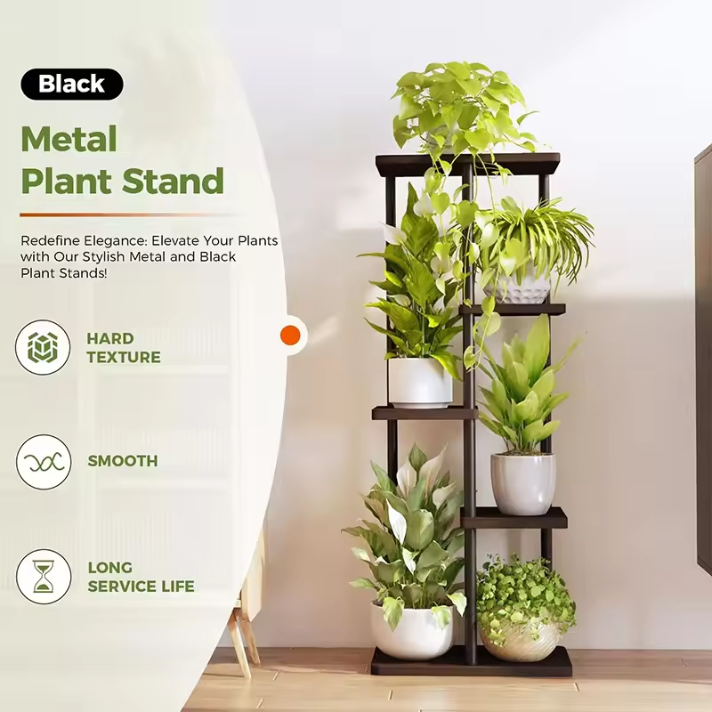 Factory Customized Multi-Tier Indoor Metal Wood Tree Shape Plant Stand Black Anti- Rust Rectangular Corner Plant Stand Indoor