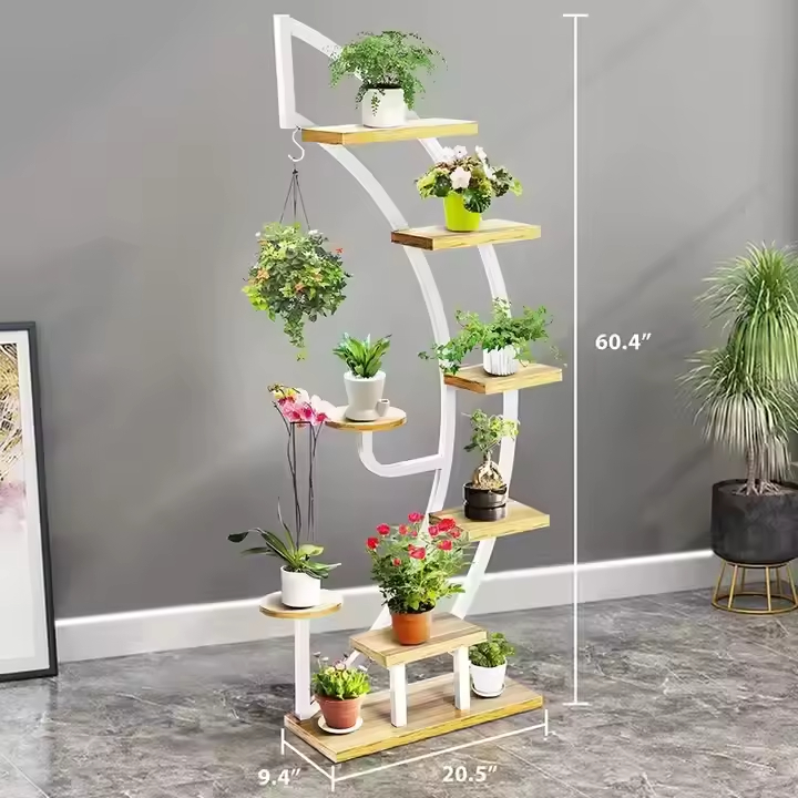 Custom Large Metal Wooden Indoor Plant Stand Powder Coated DIY Flower Pot Display Rack Multiple Plants Creative Flower Stand