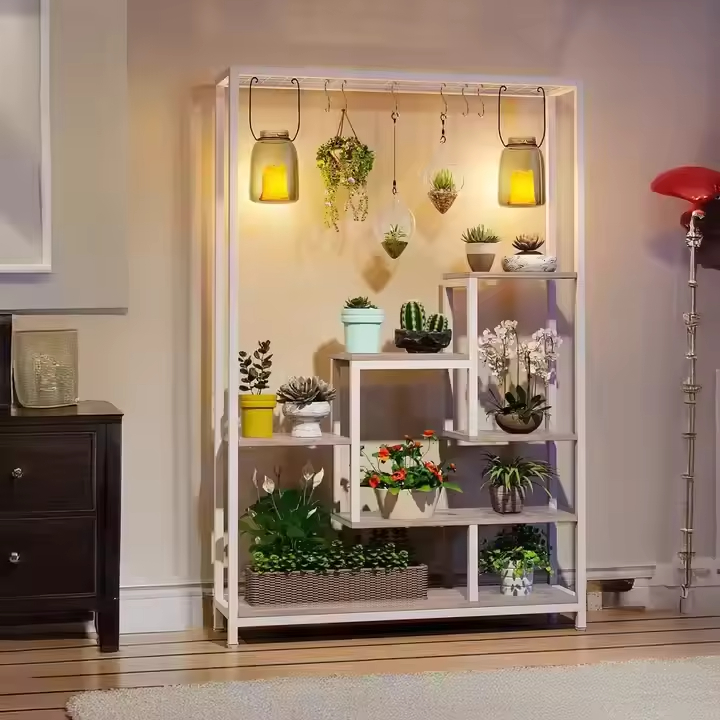 Modern Farmhouse Folding 5-Layer Plant Stand | Wood+Metal Frame Eco-Friendly Waterproof Portable Indoor Flower Rack | Storage