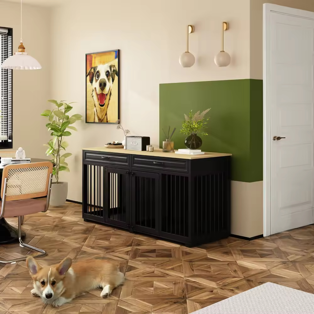 ODM&OEM Heavy Duty Wooden Dog Crate Furniture with 2 Drawers and Divider Standing Type Cleaning Tools