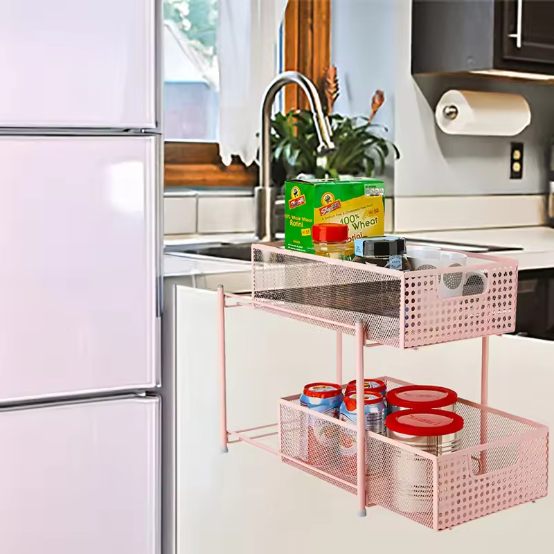 2-Tier Kitchen Drawer Sliding Organizer Shelf Iron Storage Rack with Removable Pull Basket Single Tier for Spice Storage
