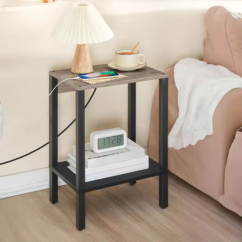 Modern USB Charging Station End Table with Storage Shelf Nightstand for Bedroom or Living Room Metal Home Furniture