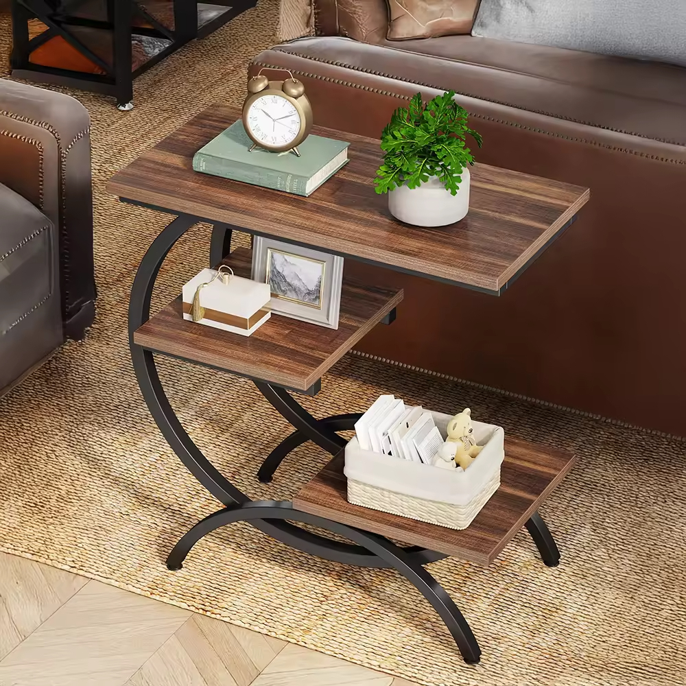 C-Shaped End Table Industrial 3-Tier Small Side Table for Couch Bedside Tables with Storage Shelves for Living Room Small Space