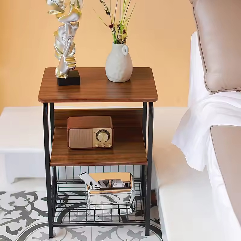 OEM&ODM End Table Side Table 3 Tiers Nightstand Retro Storage Shelf for Bedroom Stable Wood and Metal Frame Side Table