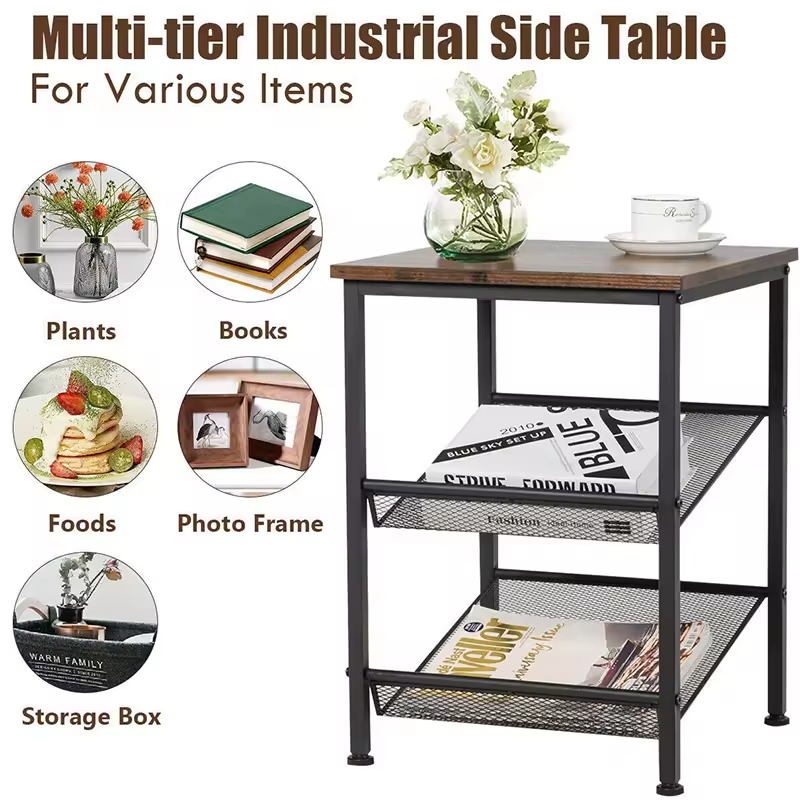 Factory ODM OEM 3-Layers Living Room Bedroom Office Side Table Nightstand 2 Adjustable Shelves Contemporary Design for Dining