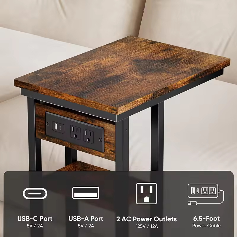 OEM&ODM Modern C-Shape End Table with USB-C Ports and Power Outlets Space-Saving Couch Table with Charging Station