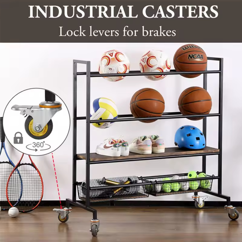 Factory Custom Wheeled 4-Tier Carbon Steel Strong Load-Bearing Modern Garage Organizer Home Gym Fitness Equipment Storage Rack