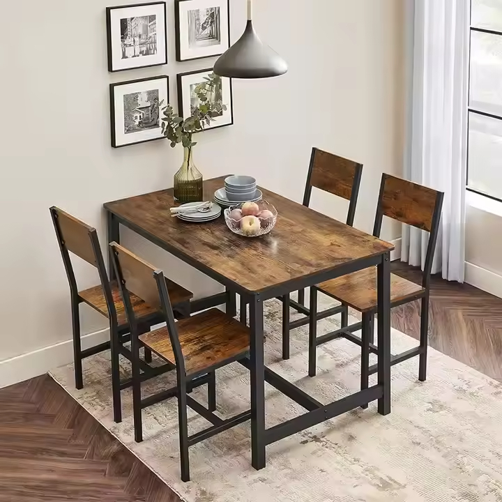 Rustic Modern Dining Chairs Strong Load-bearing Easy Assembly Wooden Seat Metal Frame Slat Back for Kitchen Living Room