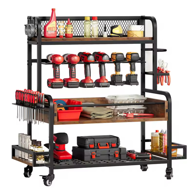 Factory Custom Three-Layer Metal Power Tools Storage Box Wall-Mounted Garage Multi-Function Shelf Display Rack