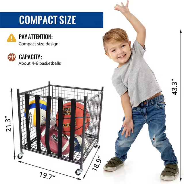 Factory Custom Metal Rolling Sports Ball Storage Cart Wheeled Lockable Heavy-Duty Garage Organizer Carbon Steel Detachable