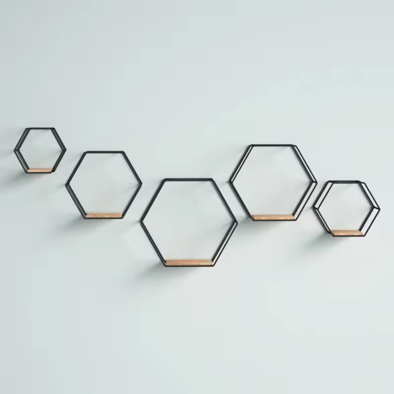 Custom 5-Piece Wall-Mounted Metal Wood Three-Layer Multifunction Contemporary Storage Shelf Coating for Bedroom Living Room