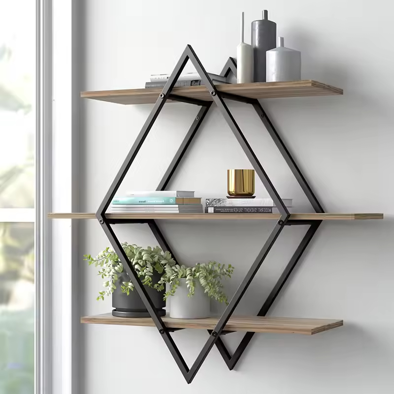 Custom Round Three-Layer Contemporary Tiered Multifunction Storage Shelf Coated Metal Wood Combination Living Room Wall Mounted