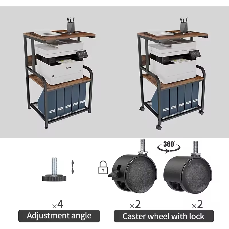 Factory Wholesale Solid Wood 3 Tier Mobile Printer Stand Cart with Wheels 2 Hooks Modern Design Office Furniture Bedroom Use