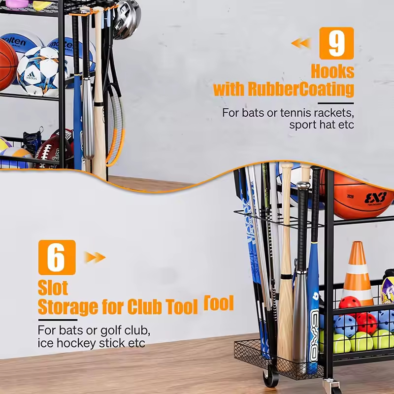 For Garage Indoor and Outdoor Toy Storage Racks with Wheels Basketball Racks with Baskets and Hooks Living Room Storage Shelf
