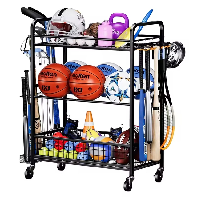 For Garage Indoor and Outdoor Toy Storage Racks with Wheels Basketball Racks with Baskets and Hooks Living Room Storage Shelf