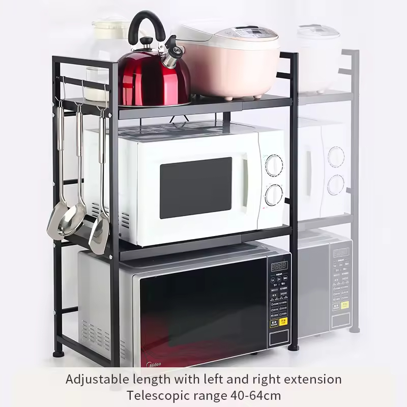 Three-Layer Retractable Standing Type Metal Kitchen Shelving for Countertop Rice Cooker Oven Microwave Rack for Household Use