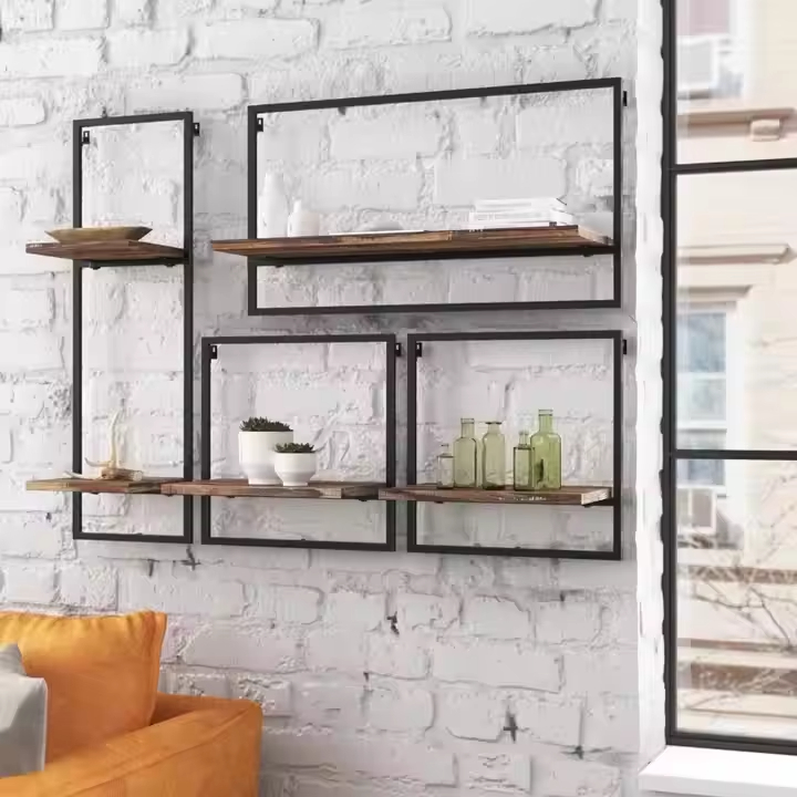 ODM OEM Coated Iron Frame Wall Shelving 4-Piece Floating Display Shelves Double Tiers Contemporary Living Room Home Storage