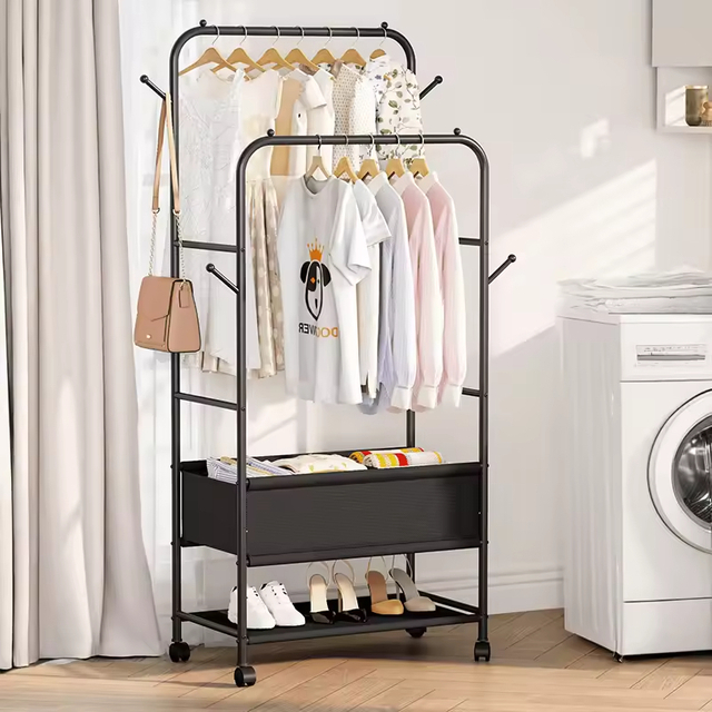 Commercial Double Rail Heavy-Duty Garment Rack Wheels Storage Bag Black-for Boutique Retail Warehouse Use Bathroom Living Room