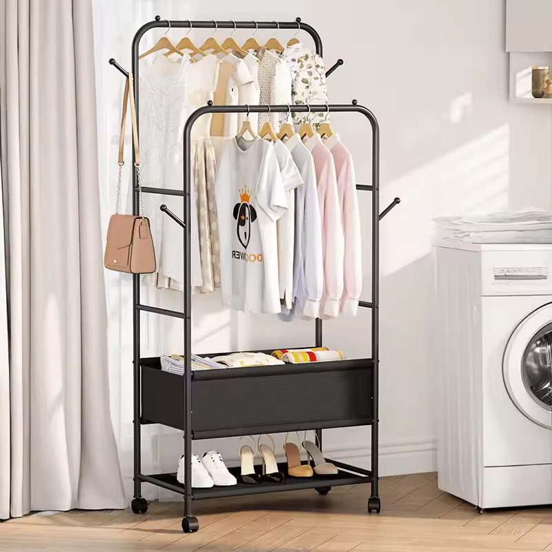 Commercial Double Rail Heavy-Duty Garment Rack Wheels Storage Bag Black-for Boutique Retail Warehouse Use Bathroom Living Room