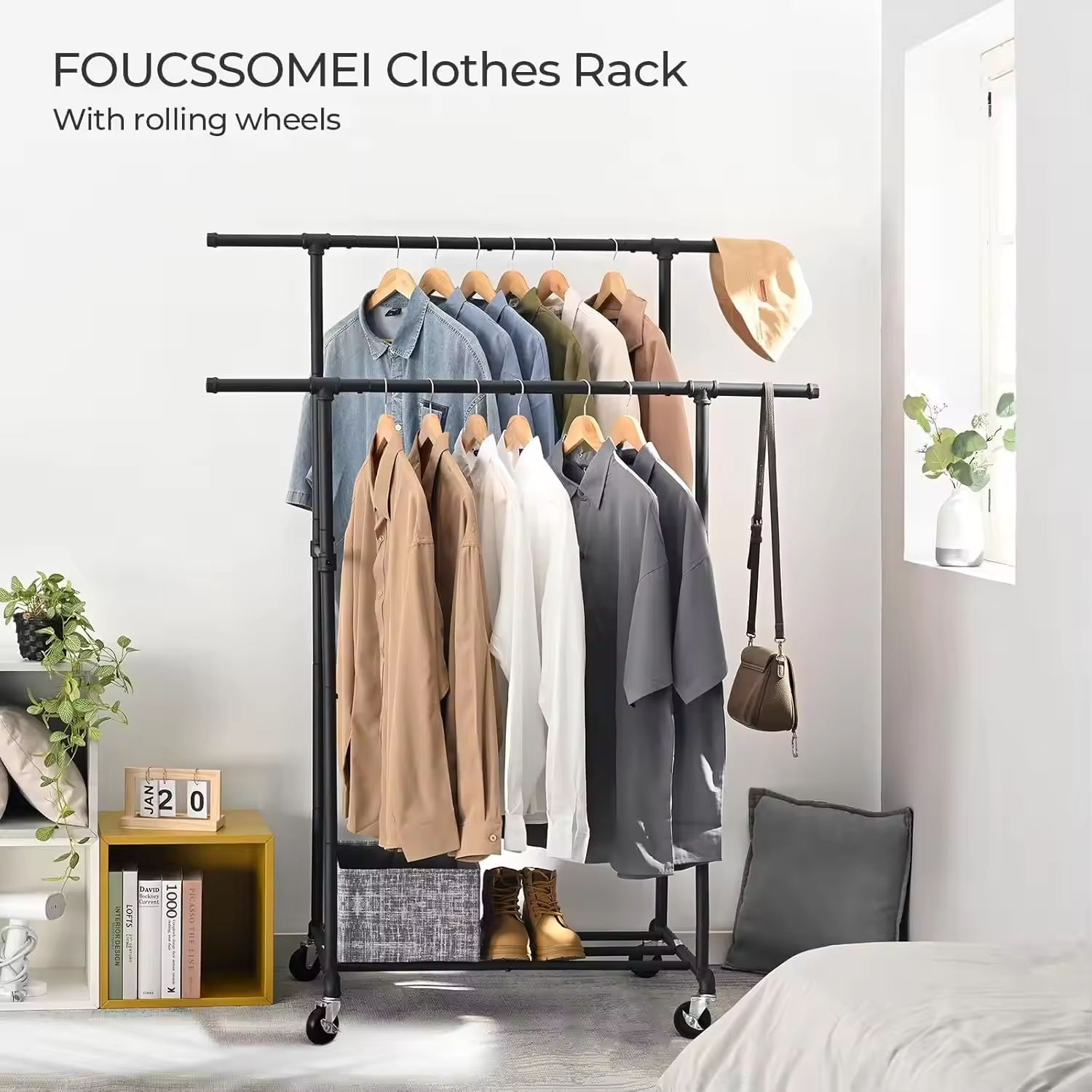 Custom Heavy-Duty Double Rod Metal Clothing Hanger Organizer Wheeled Closet Bedroom Garment Rack Detachable Living Room Use