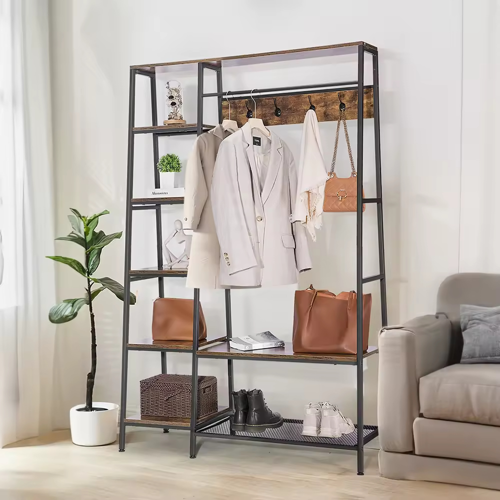 Factory OEM&ODM Shoe Clothes Rack Entry Hall Tree Bench 5 Coat Rack Set Storage Shelf Carbon Steel Wardrobe Foldable Detachable