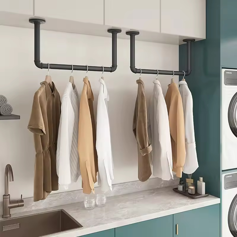 Wholesale Factory Customized Black Iron Rod Heavy Wall Mounted Industrial Pipe Hanger 2 Sets Detachable Strong Bathroom