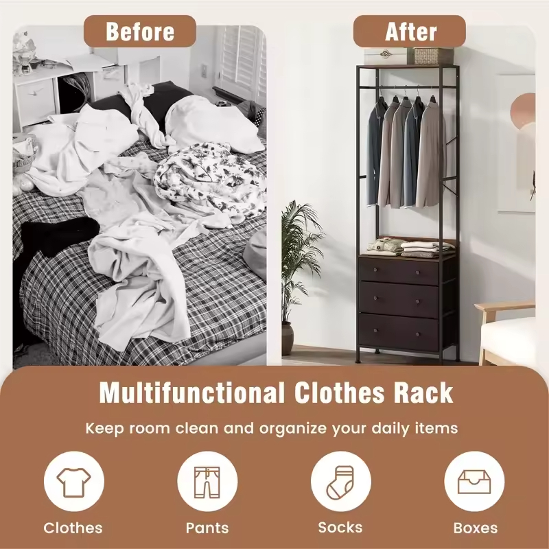 Vintage Multi-Functional Three-Layer Foldable Detachable Brown Wood+Metal Display Rack Customizable Wardrobe Bedroom Living Room