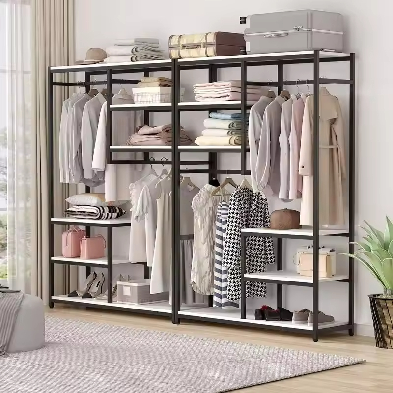 Hot Selling ODM Combined Steel Wood Storage Rack for Bedroom & Bathroom Multi-Functional Clothing Rack Direct Factory Wardrobe