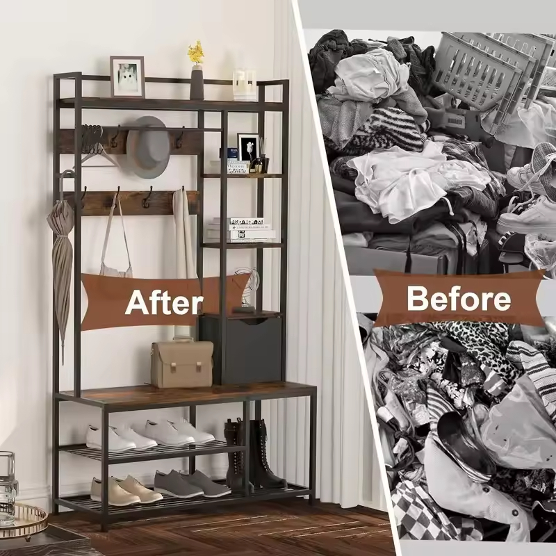 Factory OEM&ODM Shoe Clothes Rack for Entry Hall Tree Shoe Bench 5 in Coat Rack Set Storage Shelf Wooden Clothes Rack