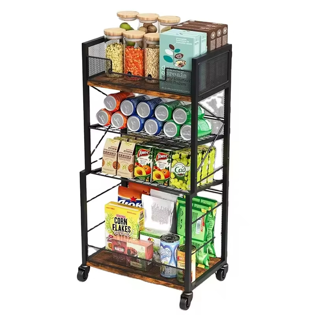 4-tier Rolling Storage Cart Organizer With 2 Mesh Sliding Trays for Home Offices Schools or Living Room Kitchen Shelving