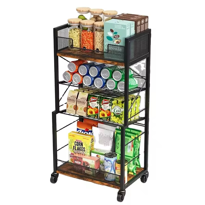 4-tier Rolling Storage Cart Organizer With 2 Mesh Sliding Trays for Home Offices Schools or Living Room Kitchen Shelving