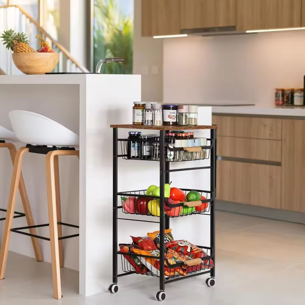 OEM/ODM 4-Tier Wood Steel Fruit Vegetable Storage Rolling Cart Power Charging Kitchen Living Room Islands Carts Wheels Factory