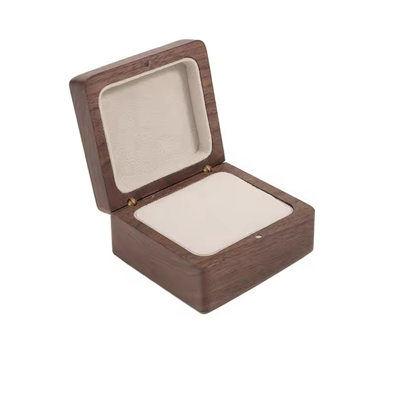 Hot Selling Wooden Box Packaging Single Double Ring with Black Velvet Inside Collection Walnut Wooden Ring Box for Engagement