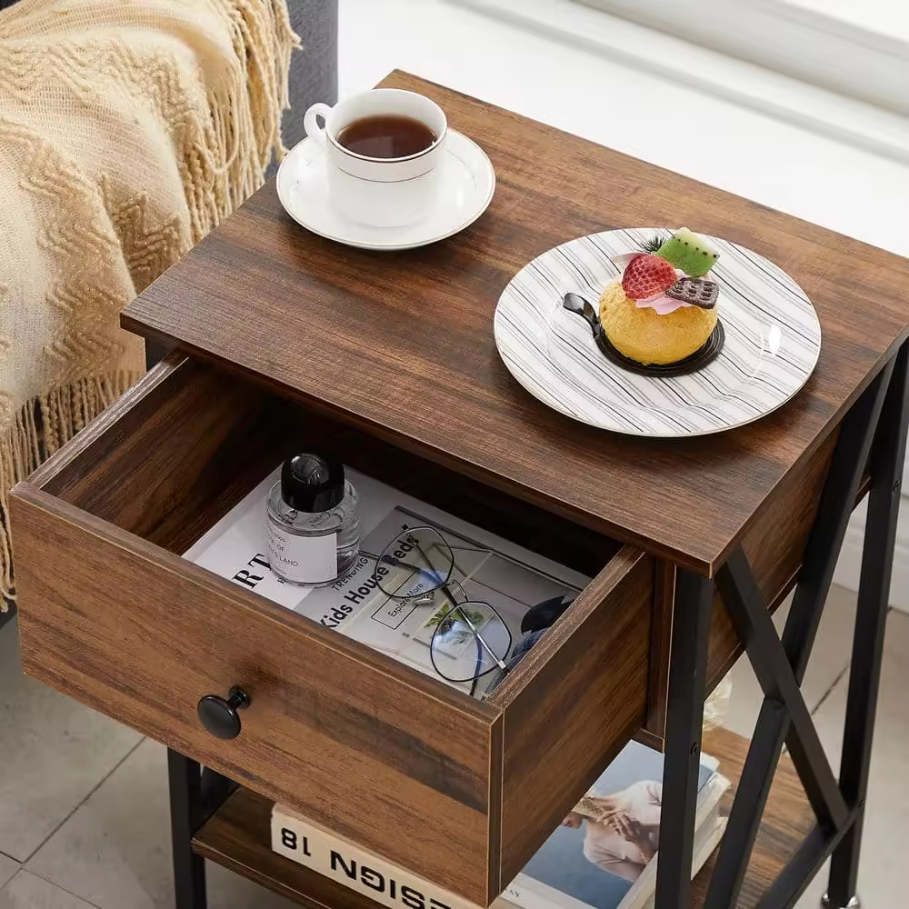 OEM ODM Custom End Table with Charging Station with 1 Wooden Drawers Livingroom Cabinet Couch Nightstand End Side Table