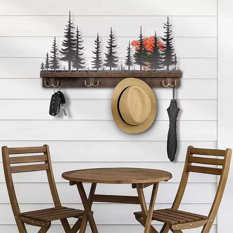 Modern Natural Wood Rectangle Plated Wall Mounted Mail Organizer with 4 Double Hooks & Key Hanger for Home Decor