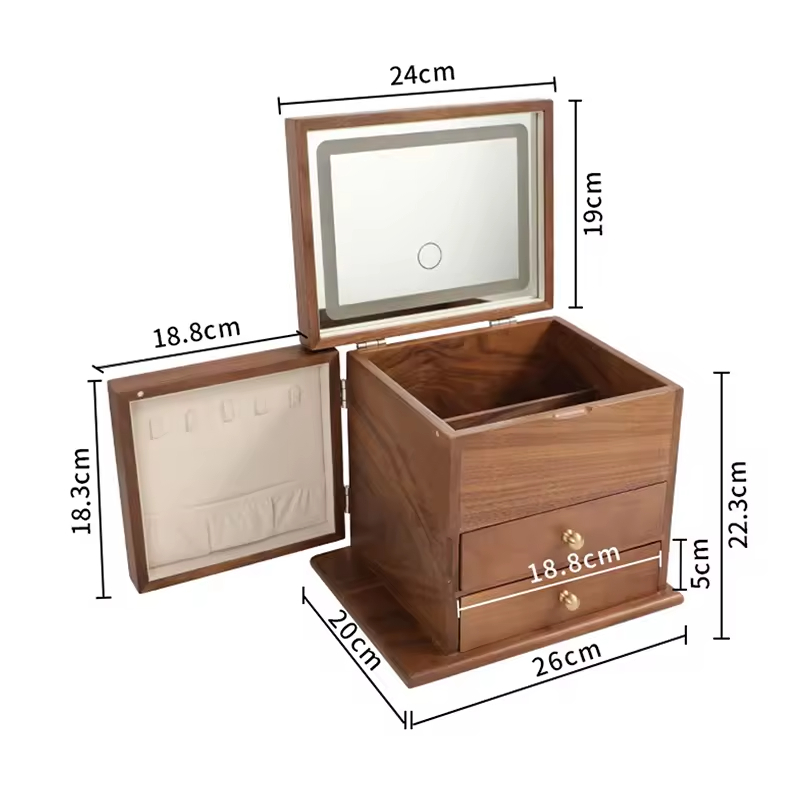Double 2 Layer Wooden Walnut Wood Drawer Sliding Jewellery Boxes Storage Jewelry Cases Organizer