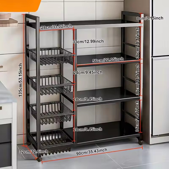 Factory OEM/ODM 4-Tier Large Capacity Metal Kitchen Storage Rack with 4 Open Baskets Kitchen Storage Shelf Rack