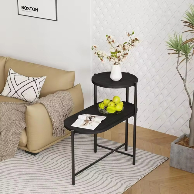 Modern 2-Tier MDF End Table 27.5-Inch Black Nightstands with Metal Frame for Farmhouse for Living Room Bedroom Factory ODM/OEM
