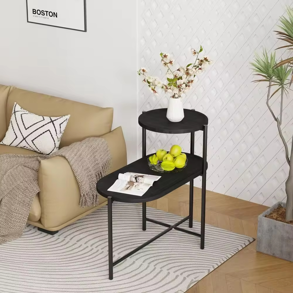Modern 2-Tier MDF End Table 27.5-Inch Black Nightstands with Metal Frame for Farmhouse for Living Room Bedroom Factory ODM/OEM